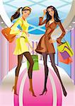 two fashion shopping girl with  bag in mall - vector illustration