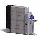 a historic science fiction computer or mainframe. 3D rendering with clipping path and shadow over white