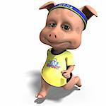 cute toon pig takes a jogging run. 3D rendering with clipping path and shadow over white