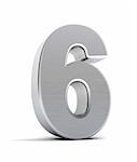 The number six as a brushed chrome object over white