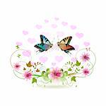 Butterflies with decorated hearts and flowers