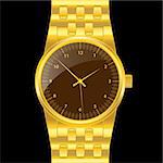 Gold watch with gold wrist band, brown shiny clock face. Classical modern watch. Isolated on black.