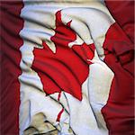 Flag of Canada, fluttering in the breeze, backlit rising sun, fluttered in the wind. Sewn from pieces of cloth, a very realistic detailed state flag with the texture of fabric fluttering in the breeze, backlit by the rising sun light