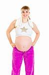 Smiling  beautiful pregnant woman  in sportswear holding towel isolated on white