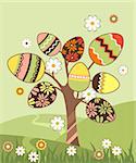 Spring landscape with easter blossoming tree and eggs