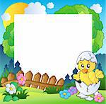 Easter frame with cute chicken - vector illustration.