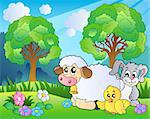 Meadow with spring animals - vector illustration.