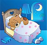 Sleeping teddy bear in bedroom - vector illustration.
