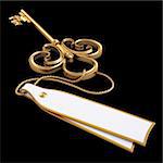 antique golden key with blank card. isolated on black. with clipping path.