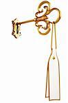 golden key with a tag is inserted into the keyhole. isolated on white. with clipping path.