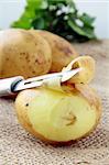 potatoes with a knife to clean the vegetables on the natural background