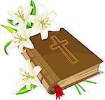 The sacred book the bible and lily flowers on a white background