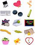 Collage Montage for Healthy Life with a Variety of Objects Isolated on White.