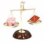 Piggy bank, gold scales and code of laws. Objects isolated over white