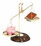Piggy bank, gold scales and code of laws. Objects isolated over white