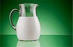 glass jug  with milk on green background
