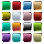 Web buttons set in 16 rounded square assorted colors with reflection. Scalable. Isolated on white.