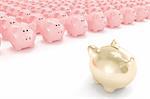 High quality 3d image of a golden piggy bank facing hundreds of other piggy banks