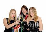 Group of three beautiful woman with glasses of champagne celebrating on party. isolated on white background