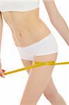 Part of beautiful fit slim woman body in white underwear measuring legs. anti-cellulite. isolated