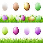 8 Easter-Eggs, Eggs In Grass And Grass Panorama, Isolated On White Background, Vector Illustration