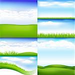 6 Landscapes With Clouds And Grass, Vector Illustration