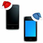 2 Phones With Caps Of Santa Claus, Isolated On White Background, Vector Illustration