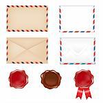 4 Envelopes And 3 Wax Seals, Isolated On White Background, Vector Illustration