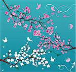 vector illustration of blossom branches with birds and butterflies