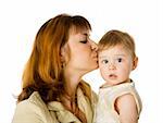 Mother kissing little daughter isolated on white