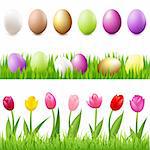 6 Easter-Eggs, Eggs In Grass And Grass Panorama, Isolated On White Background, Vector Illustration