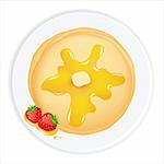 Pancakes With Oil, Honey And Strawberry,  Isolated On White Background, Vector Illustration
