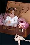 Young girl sitting in large suitcase with ballet costumes wearing a tutu