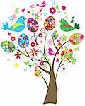 vector illustration of easter tree with floral eggs and birds
