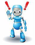 A cute blue robot character cautioning viewer with stop palm out hand gesture.