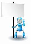 A cute blue robot character holding up a sign and pointing to it