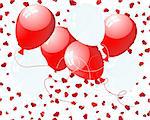 Beautiful balloons in the air on seamless hearts background. Vector illustration.