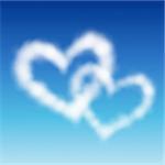 Two heart shaped clouds in the blue sky. Valentine`s day illustration