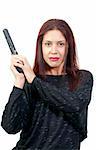 A young and beautiful Hispanic woman police detective holding a handgun