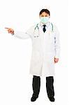Medical doctor in mask pointing  finger at something isolated on white