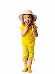 Excited Little Girl shouting clapping hands isolated on white