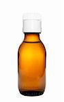 Medicine bottle. Brown glass. White childproof lid. 100ml. Clipping path included.