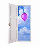 Open door in blue sky and pink air balloon