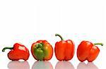 row of red bell peppers on white background