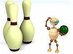 3d wood man is playing bowling isolated on white