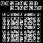 alphabet buttons collection against black background, abstract vector art illustration