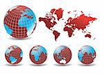Earth globes with world map, different views, vector illustration