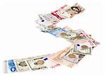 Pathway of different money currency isolated with clipping path