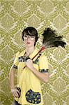 housewife nerd retro woman tired of home chores on vintage wallpaper