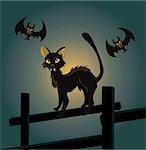 Vector illustration of a black cat on a fence and a vampire bat on Halloween night.